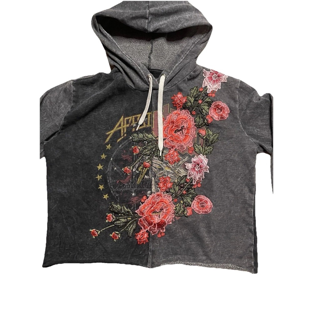 AFFLICTION Hysteria Graphic Hoodie Pullover Acid Black Embroidered Women's L - Picture 2 of 16